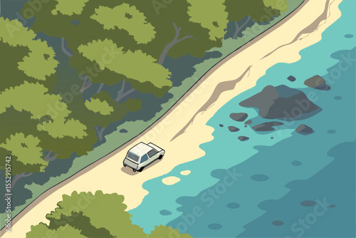Aerial view of solitary camper parked on coastal road between Mediterranean forest and crystal-clear Adriatic waters along rocky shoreline.