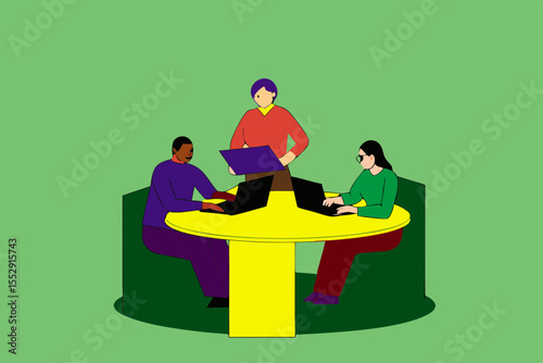 A group of cheerful professionals, representing diverse ethnic backgrounds, collaborate at a round desk in an elegant office setting, using laptops and smartphones.