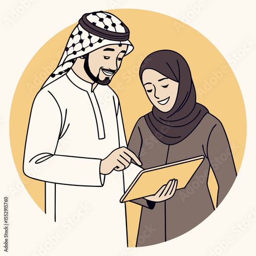 Candid portrait showing young Middle Eastern professionals, man wearing traditional thobe and keffiyeh, woman in dark hijab