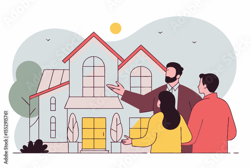 A professional Hispanic male real estate agent engages with a couple, presenting features of a spacious, sunlit home
