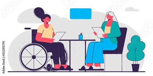 Two diverse businesswomen, one in a wheelchair, discuss notes in a modern office setting. The brunette wears a casual yellow t-shirt