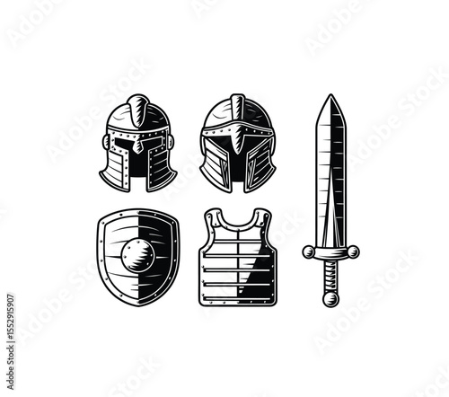 Medieval war equipments vector in black color with white background.