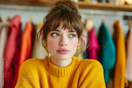 A young woman wearing a bright yellow sweater looks thoughtfully into the distance, surrounded by colorful clothing.