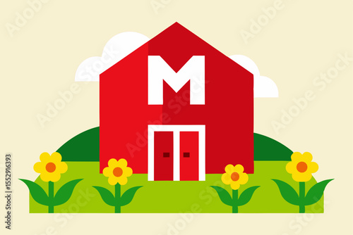 House with flowers and green grass, a charming summer landscape illustration perfect for home and garden designs