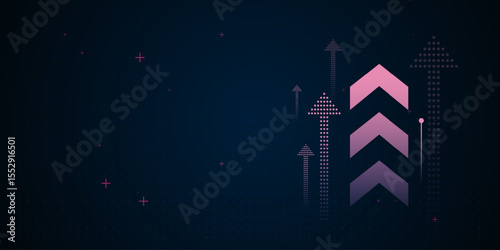 The Rising arrow elements are layered and stylized with pixel and geometric patterns, enhancing a sense of momentum and success. vector illustration