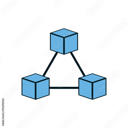 Blue 3D blocks linked by lines showing distributed ledger or blockchain infrastructure connection