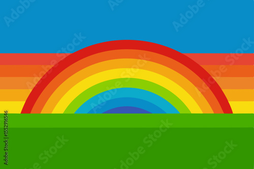 Colorful rainbow spectrum arches across the blue sky with bright clouds, a vibrant illustration of nature's design