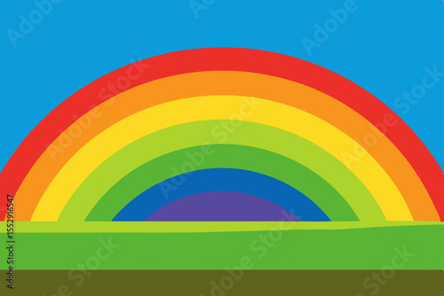 Colorful rainbow in the bright sky illustration with clouds and green nature landscape vector design