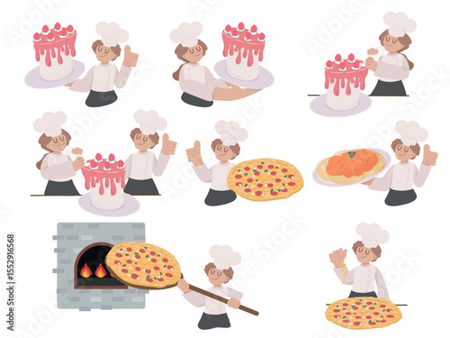 cute flat style cartoon italian chef making pasta pizza cake eps10 vector illustration