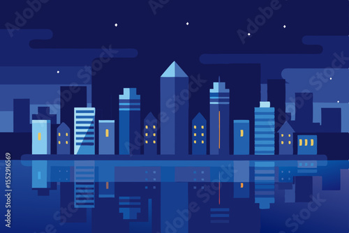 Capturing the essence of an urban skyline at night, this vector illustration showcases towering skyscrapers and illuminated buildings under a dark sky