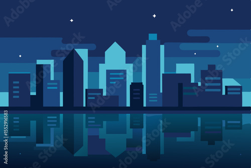 Dynamic urban night skyline with illuminated buildings and modern city architecture
