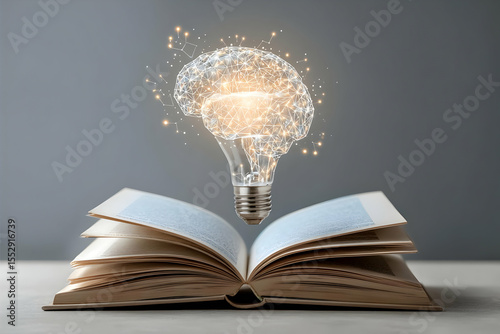 An enlightening concept of knowledge and creativity, featuring an open book with a glowing light bulb and sparks, symbolizing innovation.