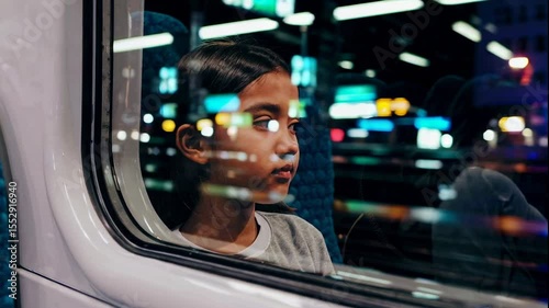 Young girl seated on a train, gazing away from the window as colorful city lights pass by.