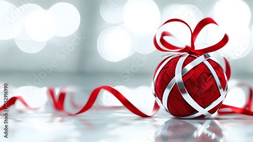 Red Yarn Christmas Ornament Silver Ribbon Festive Decoration
