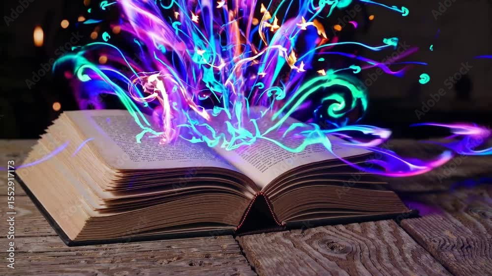 Magic bursts forth from an open book in vibrant colors at a cozy reading space