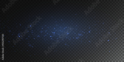 The dust sparkles, the blue stars shine with a special light. Christmas glitter. On a transparent background.