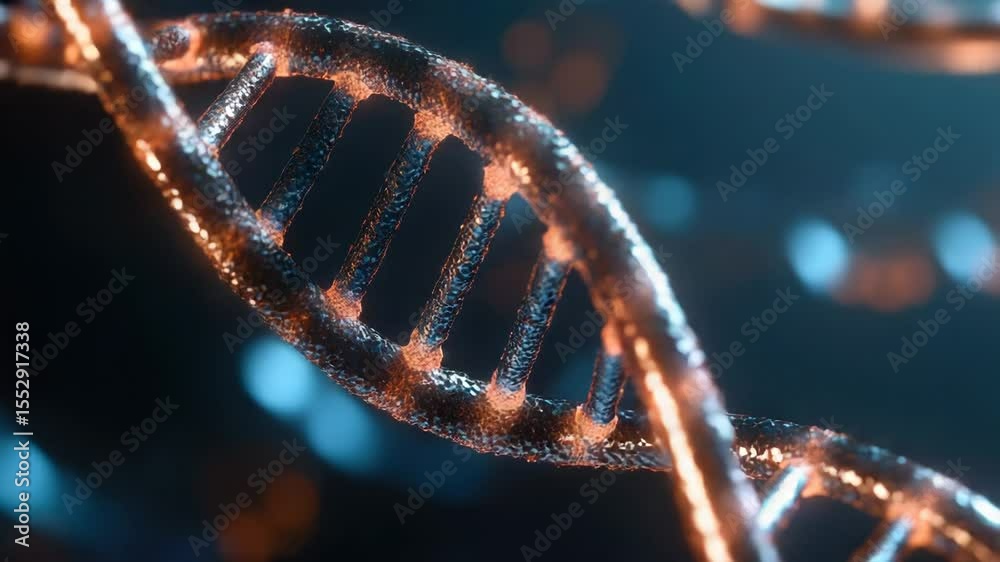 A close-up view of two strands of DNA molecule, with nucleotide bases visible