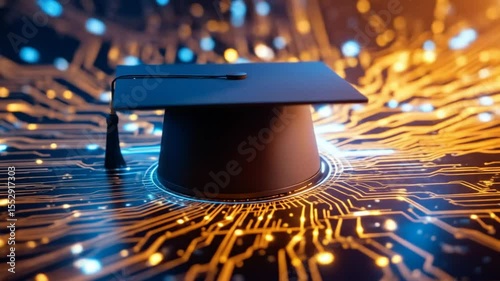 Futuristic graduation cap with digital circuit background. Modern technology concept for educational degree achievement. 4k video