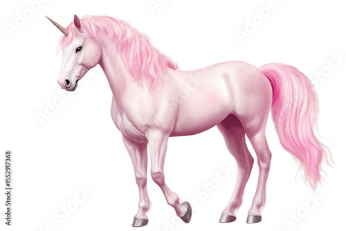 Mystical unicorn with flowing pink mane and horn isolated on transparent background
