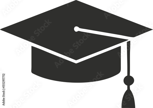 A simple black graduation cap illustration against a white background symbolizing academic achievement graduation ceremonies and educational success with a classic mortarboard design tassel centered
