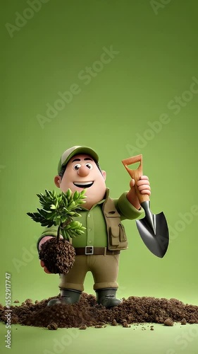 Cartoon gardener planting tree illustration