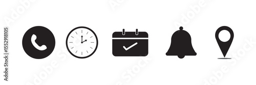 Notification, phone, time, date, location, place of event. Set of vector linear icons illustrations isolated on white background.