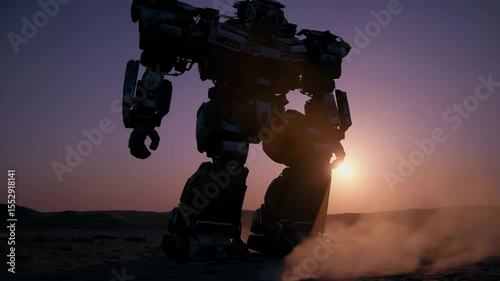 Giant robot silhouette stands against sunset in desert landscape