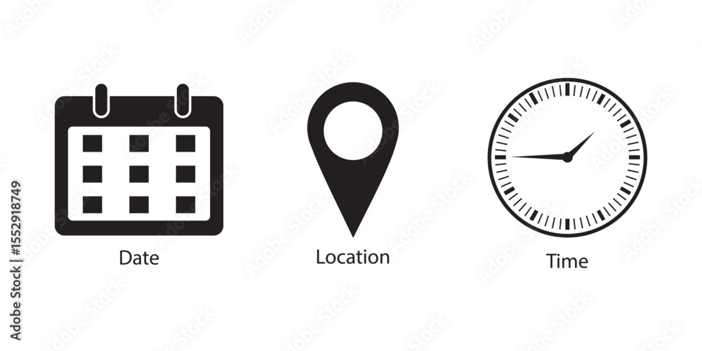 Fototapeta premium Time date address icons set. Address location icon. Stopwatch timer icon. Date Calendar icon. Black line and flat web icons.