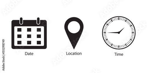 Time date address icons set. Address location icon. Stopwatch timer icon. Date Calendar icon. Black line and flat web icons.