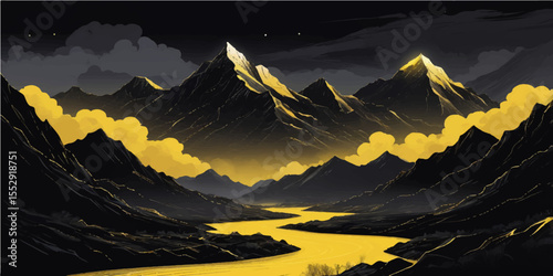 Mountain landscape at dawn with a panoramic view of the sunlit peaks and cloudy sky