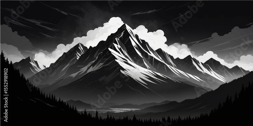 Black and white abstract background of a winter mountain landscape with snowy peaks and foggy valleys