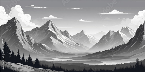 Majestic alpine peaks pierce the sky in a panoramic winter mountain landscape, showcasing a cold, snowy, ice-covered forest
