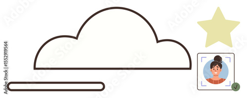 Cloud outline with a user profile framed by a rectangle, a verification checkmark, a yellow star, and a progress bar. Ideal for security, data storage, user profiles, ratings, identity checks web
