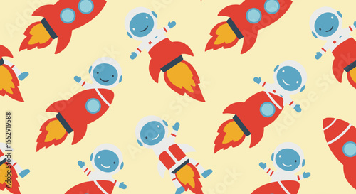 Cartoon Style Spaceman And Rocket Ship Repeating Seamless Pattern