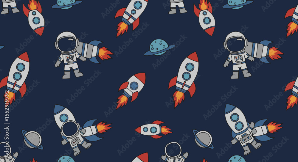 Obraz premium Cute Handdrawn Spaceman Spaceship and Planet Seamless Pattern on Dark Blue Background