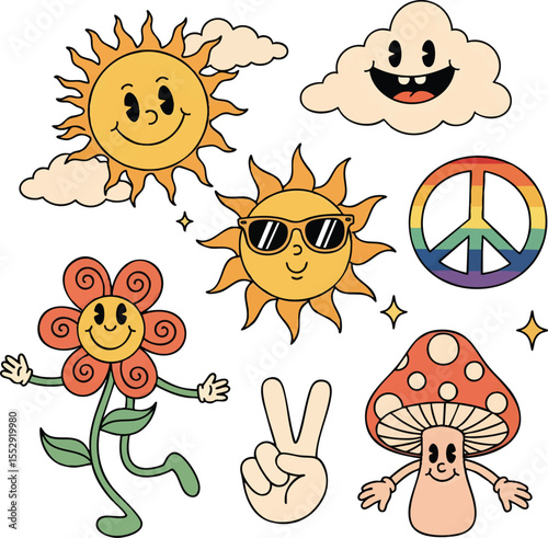 Groovy Retro 70s Clipart Sunshine, Peace, and Flowers