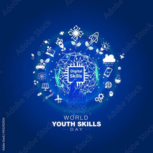 Happy World youth skills day concept. Empowering youth with futuristic technology, AI, and digital skills through training and education background.
