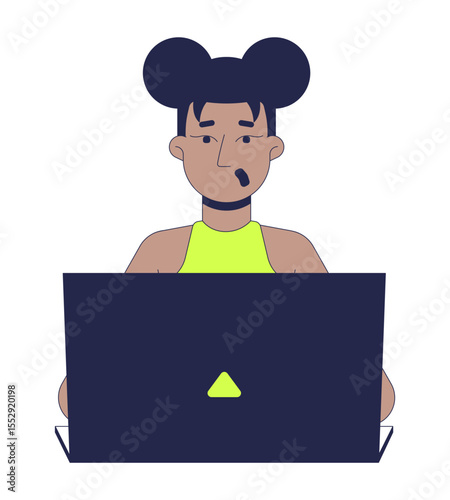 Surprised black woman working on laptop 2D cartoon character. African american girl with space buns expressing shock while typing flat vector person isolated on white. Spot illustration colorful