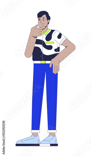 Thoughtful indian man in bold abstract shirt rubbing chin 2D cartoon character. Decision making. South asian guy in modern clothing flat vector person isolated on white. Spot illustration colorful