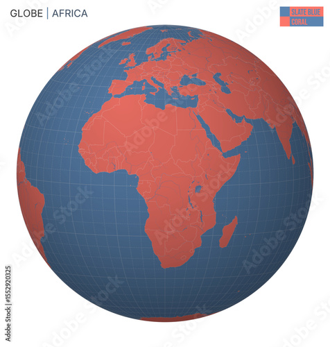 Vector Globe centered to Africa. Slate Blue Coral palette. World map with meridians, parallels, countries, rivers and lakes. Artistic vector illustration.