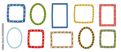 Set of colorful hand-drawn Christmas and New Year frames and borders for photo decoration, greeting card, invitation design