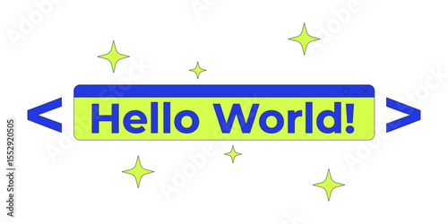 Hello world text coding banner in sparkles and code brackets 2D cartoon object. Iconic starting point in programming phrase isolated element flat vector clip art on white. Spot illustration