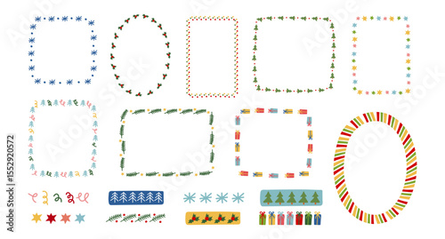 Collection of christmas and new year frames and elements. Festive winter holiday doodles for greeting card design.
