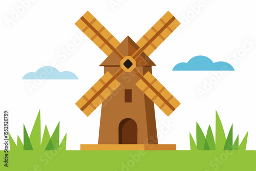 Cartoon illustration of a windmill in a summer field with a house, trees, and cloudy sky