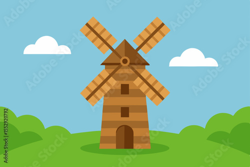 Cartoon illustration of a windmill in a summer field with a house, trees, and cloudy sky