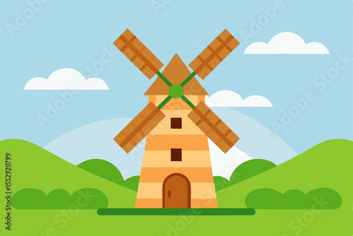 Cartoon illustration of a windmill in a summer field with a house, trees, and cloudy sky