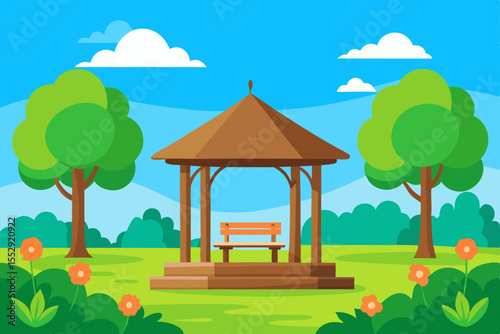 A charming cartoon village home with a garden, nestled in a summer landscape under a blue sky, illustrates rural nature