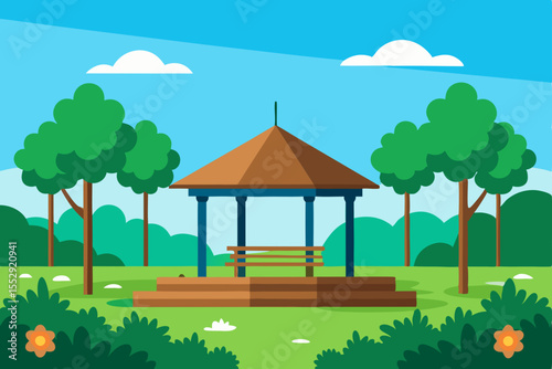 A charming cartoon village home with a garden, nestled in a summer landscape under a blue sky, illustrates rural nature