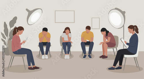 Group therapy session with diverse participants.