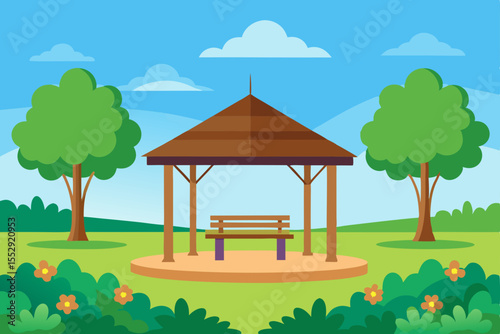 A charming cartoon village home with a garden, nestled in a summer landscape under a blue sky, illustrates rural nature